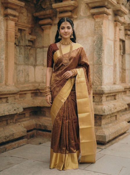 Kanjivaram Silk Brown Rich Zari Brocade Saree