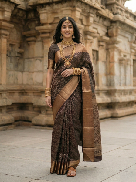 Kanjivaram Silk Coffee Brown Ethnic Brocade Saree