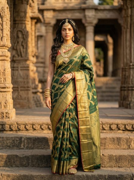 Kanjivaram Silk Green and Golden Traditional Brocade Saree