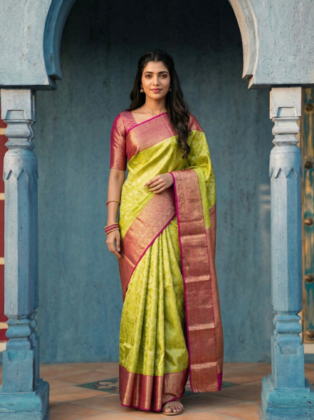 Kanjivaram Silk Green Rani Pink Wedding Wear Zari Brocade Saree