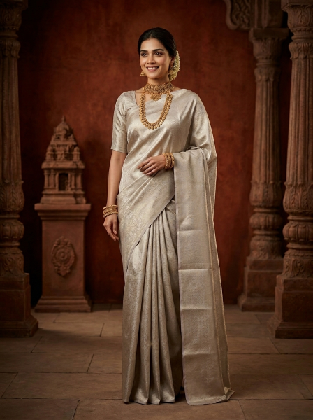Kanjivaram Silk Grey Silver Classic Traditional Saree