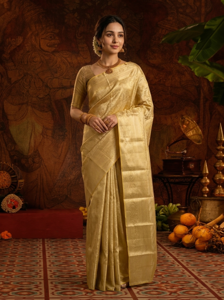Kanjivaram Silk Light Gold Elegant Traditional Self Design Saree