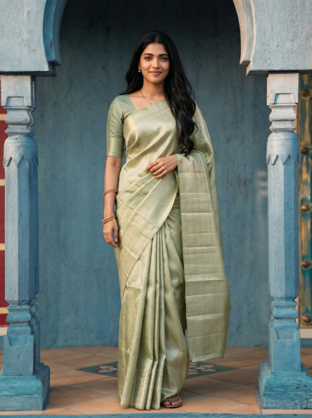 Kanjivaram Silk Organza Light Green Elegant Zari Brocade Texture Saree