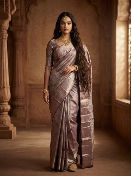 Kanjivaram Silk Orgnanza Purple Shade Metallic Zari Woven Brocade Saree