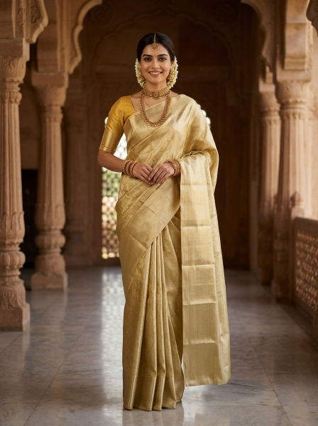 Kanjivaram Silk Pastel Yellow Shade Minimal Zari Brocade Saree