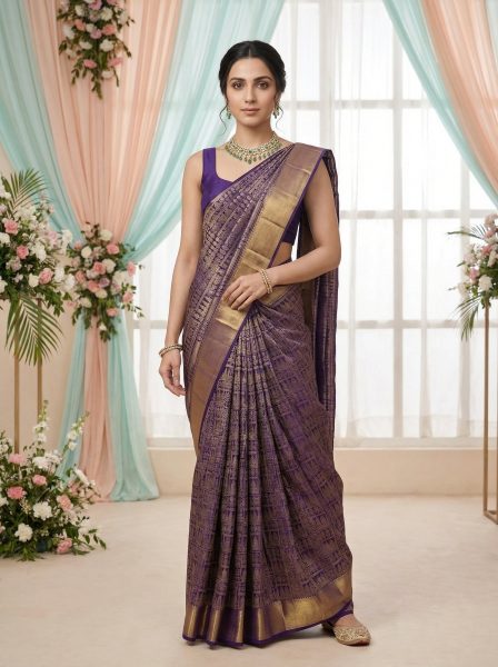Kanjivaram Silk Purple Zari Brocade Wedding Saree