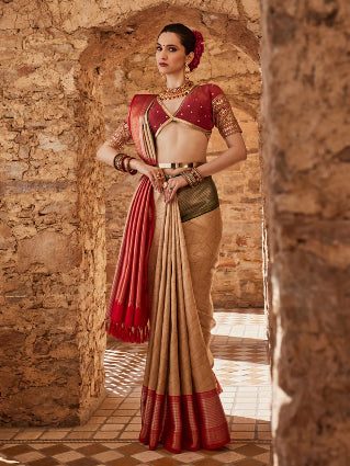 Kanjivaram Silk Royal Beige Saree with Red Zari Border – Luxury Bridal &amp; Wedding Wear