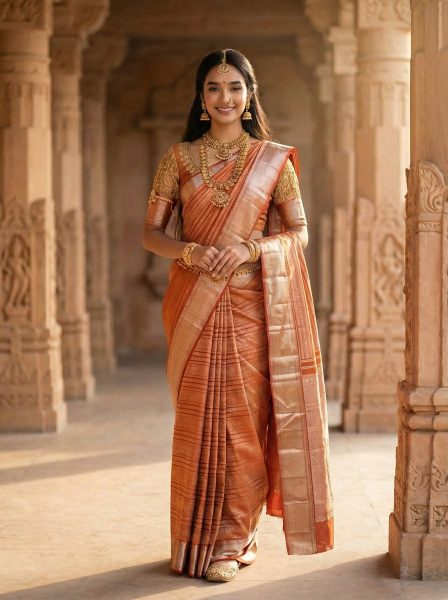 Kanjivaram Silk Rust Orange Wedding Wear Zari Saree