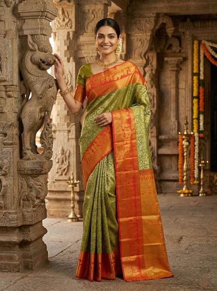 Kanjivaram Silk Traditional Gold Green Zari Brocade Saree