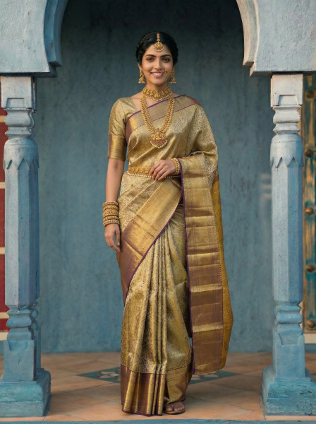 Kanjivaram Silk Violet Border Traditional Gold Zari Brocade Wedding Saree