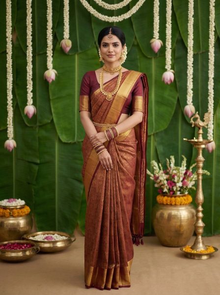Kanjivaram Silk Wine Gold Brocade Bridal Saree