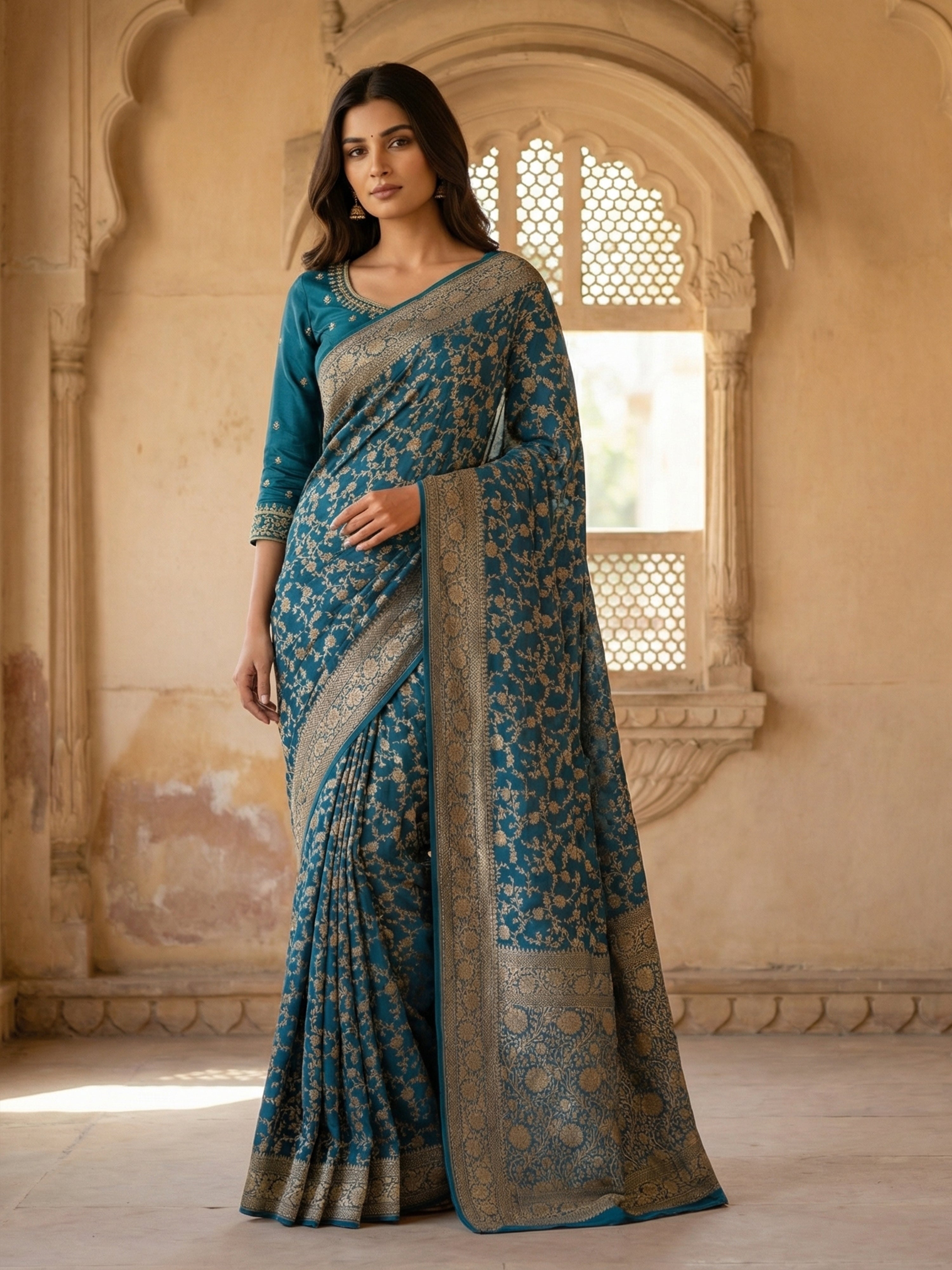 Silk Blue Banarasi Design Floral Saree