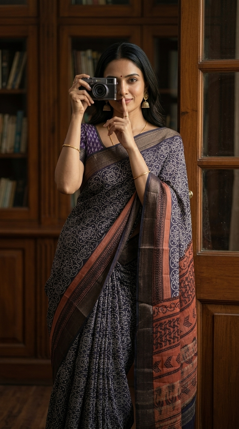 Soft Cotton Blue Ethnic Ajrakh Design Saree